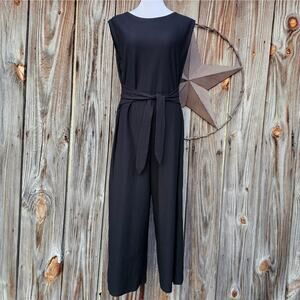 Sleeveless Belted Jumpsuit Eileen Fisher Sz L Black Stretch Crepe Crop Wide Leg
